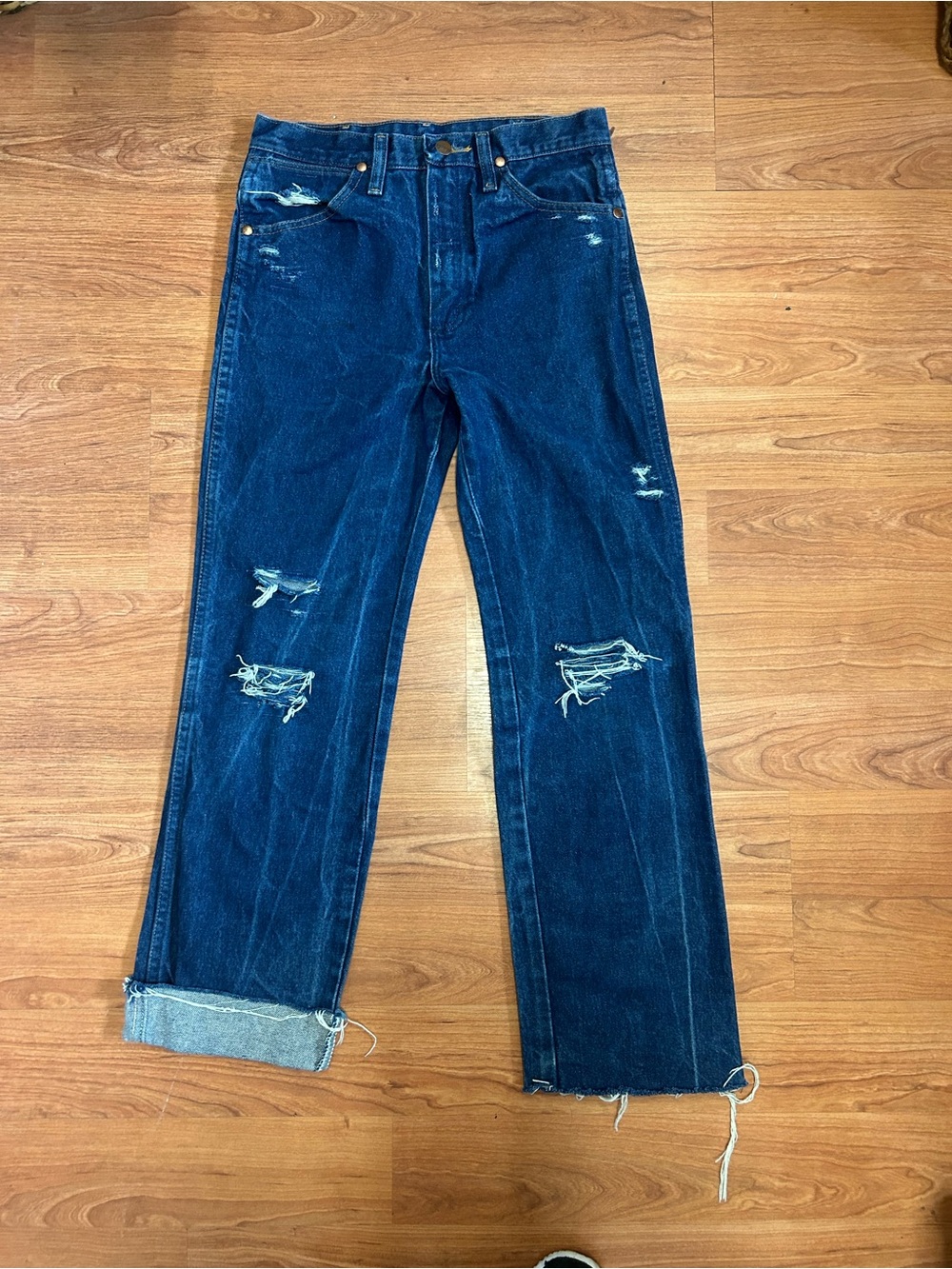 Vintage 90s Wrangler Jeans Mens 28x32 Distressed & Cut Bottom